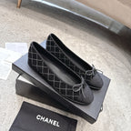 CC Ballet Flats Small Bow Black Quilted Canvas Suede 716399