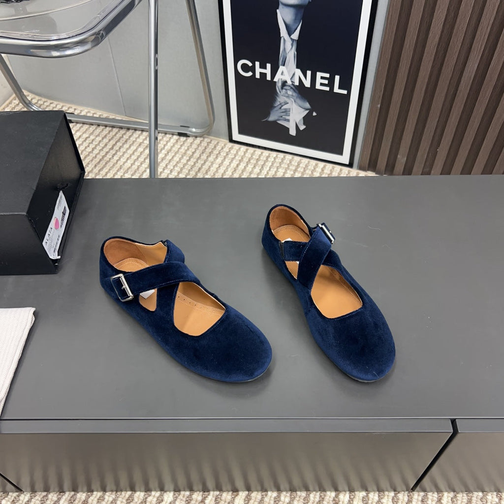 Alaila Criss Cross Ballet Flats In Deep Blue Velvet 996043