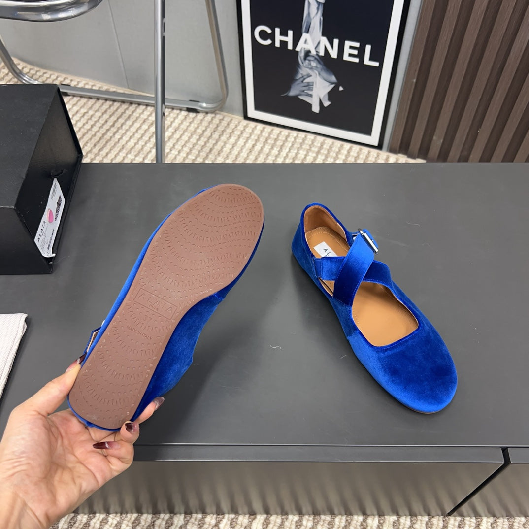 Alaila Criss Cross Ballet Flats In Blue Velvet 996045