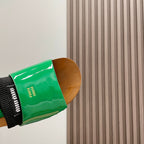 Miu Miu Slippers In Green & Black Glossy Calfskin With Purple Half-Foot Socks