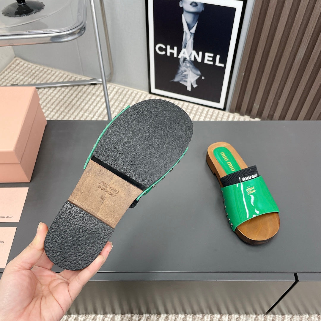 Miu Miu Slippers In Green & Black Glossy Calfskin With Purple Half-Foot Socks