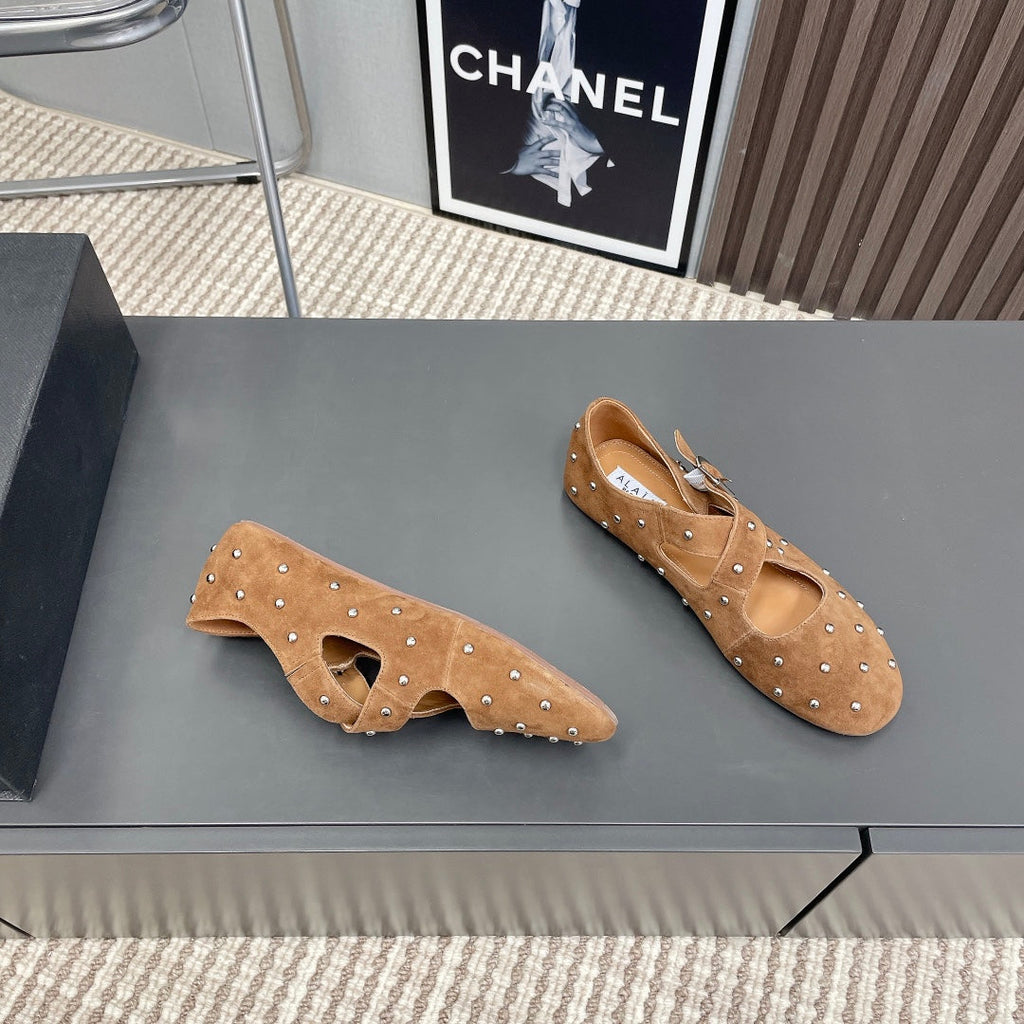 Alaia 2025 Criss Cross With Stud Ballet Flats Brown Beige Suede 293207