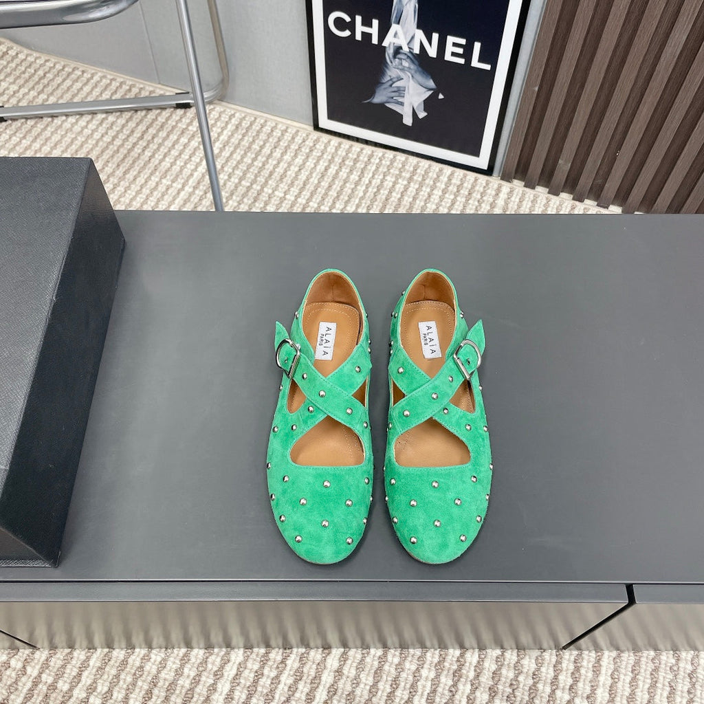 Alaia 2025 Criss Cross With Stud Ballet Flats Shamrock Green Suede 293210