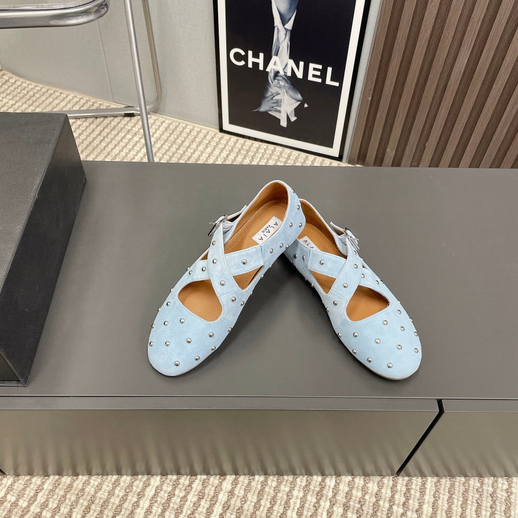Alaia 2025 Criss Cross With Stud Ballet Flats Light Blue Suede 293212