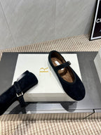 The Row 2025 Round Toe Ballet Flat Black Suede Fleece 540488