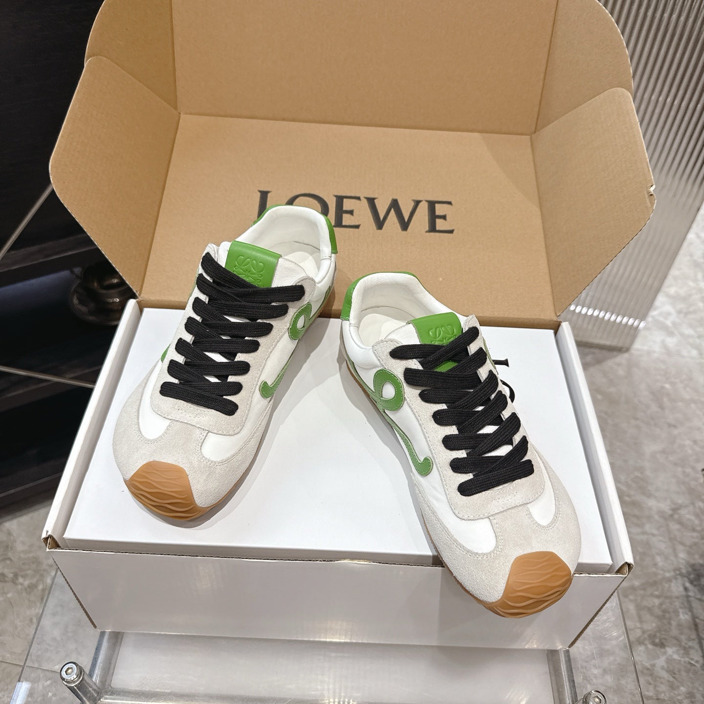 LOEW 26s Ballet Runner 2.0 Light Grey Green Suede Sheepskin 683936