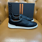 Zegna Men's Triple Stitch Sneakers Black Grain Leather
