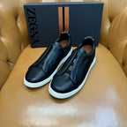 Zegna Men's Triple Stitch Sneakers Black Grain Leather