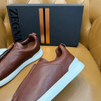 Zegna Men's Triple Stitch Sneakers Chocolate Grain Leather