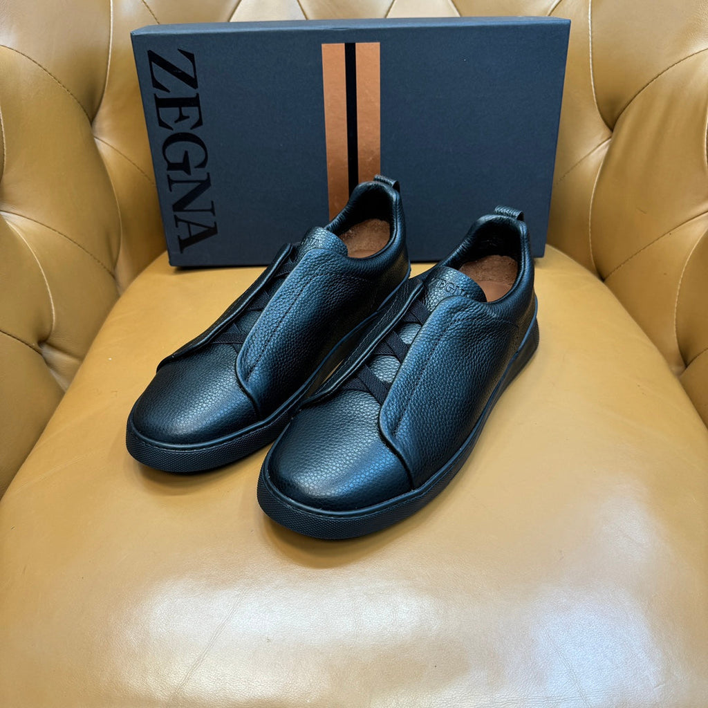 Zegna Men's Triple Stitch Sneakers Full Black Grain Leather