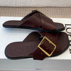 PETAL BELT FLAT SANDAL IN RUSSET BROWN CALFSKIN