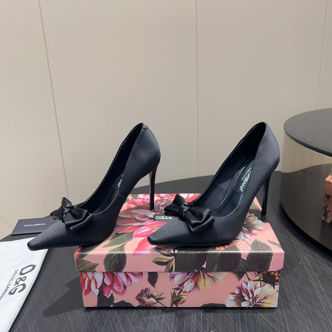DC 25 Toe Bow High Heel Shoes 100mm Black Silk And Sheepskin 381609