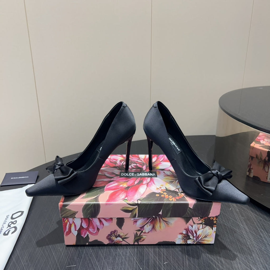 DC 25 Toe Bow High Heel Shoes 100mm Black Silk And Sheepskin 381609