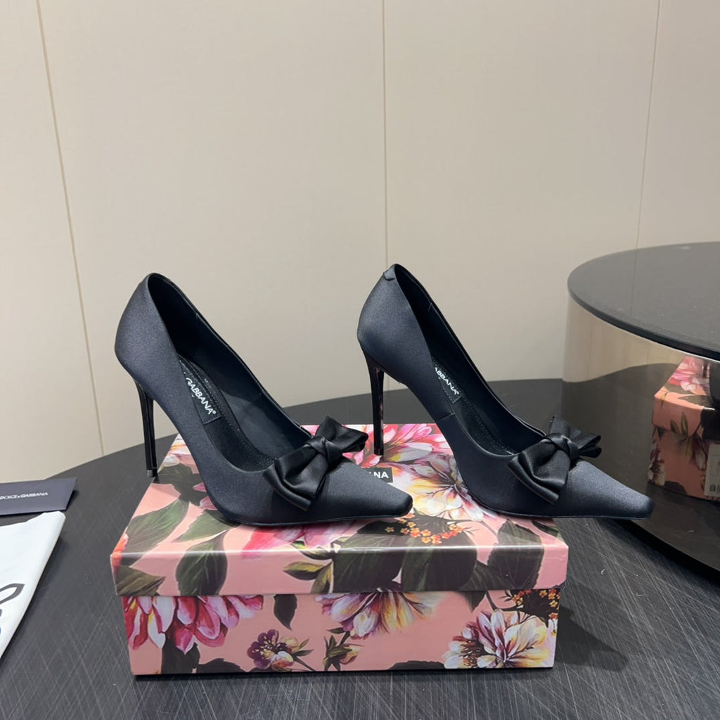 DC 25 Toe Bow High Heel Shoes 100mm Black Silk And Sheepskin 381609
