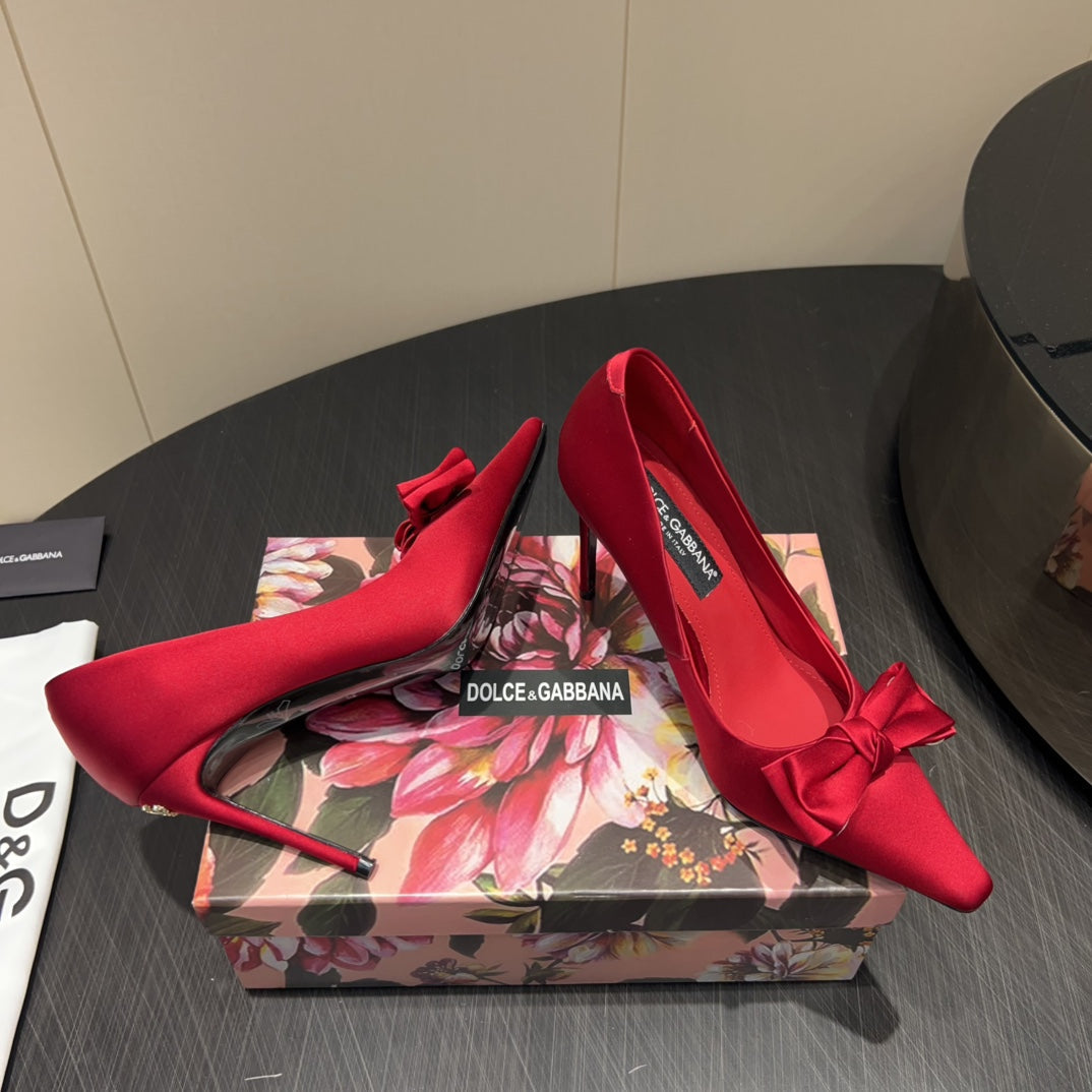 DC 25 Toe Bow High Heel Shoes 100mm Red Silk And Sheepskin 381610