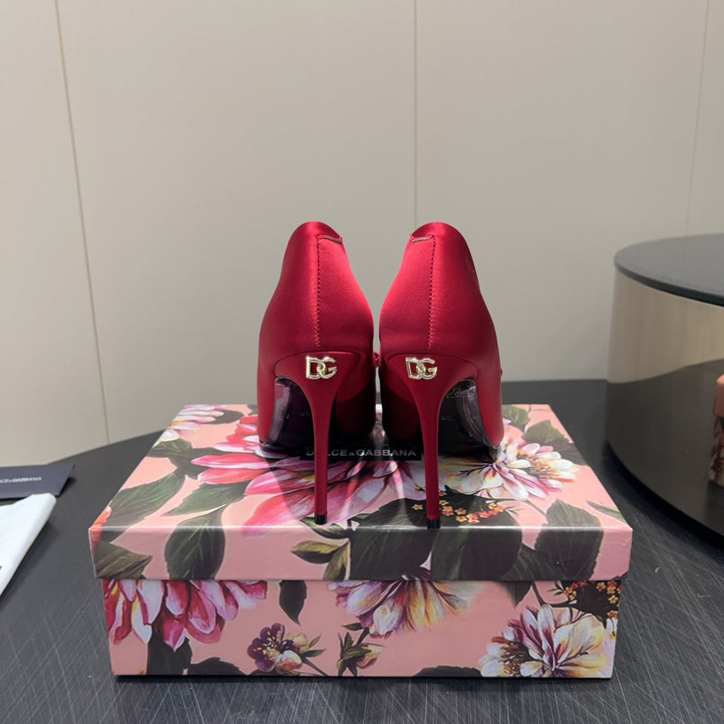 DC 25 Toe Bow High Heel Shoes 100mm Red Silk And Sheepskin 381610