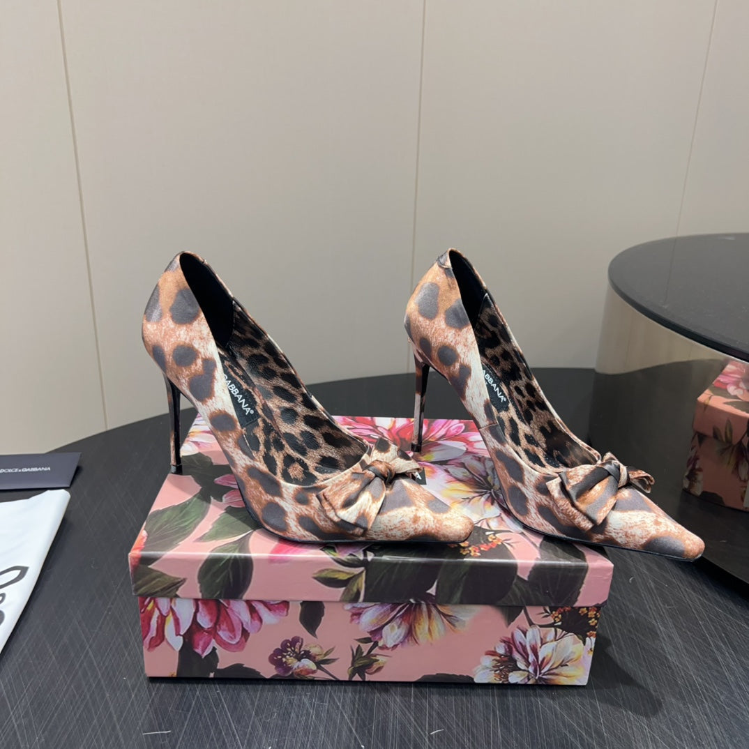 DC 25 Toe Bow High Heel Shoes 35mm Leopard-Print Silk And Sheepskin 381611
