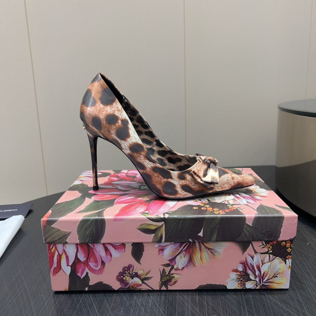 DC 25 Toe Bow High Heel Shoes 35mm Leopard-Print Silk And Sheepskin 381611