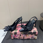DC 25 Toe Bow Slingback Pumps 100mm Black Silk And Sheepskin 381612