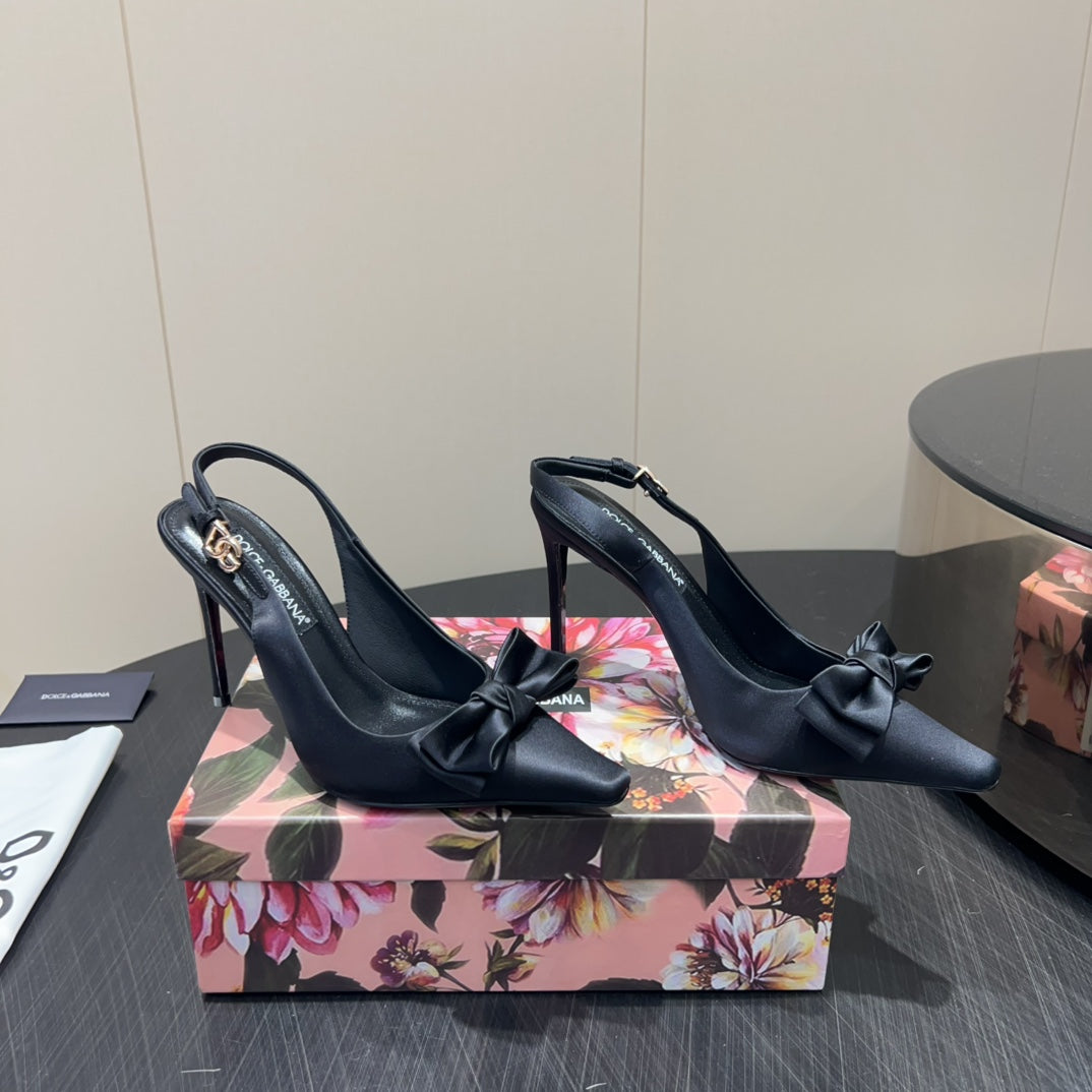 DC 25 Toe Bow Slingback Pumps 100mm Black Silk And Sheepskin 381612