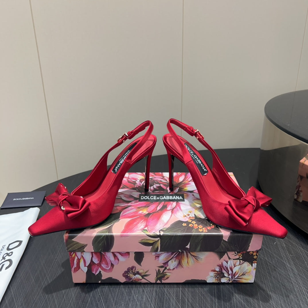 DC 25 Toe Bow High Heel Shoes 100mm Red Silk And Sheepskin 381613