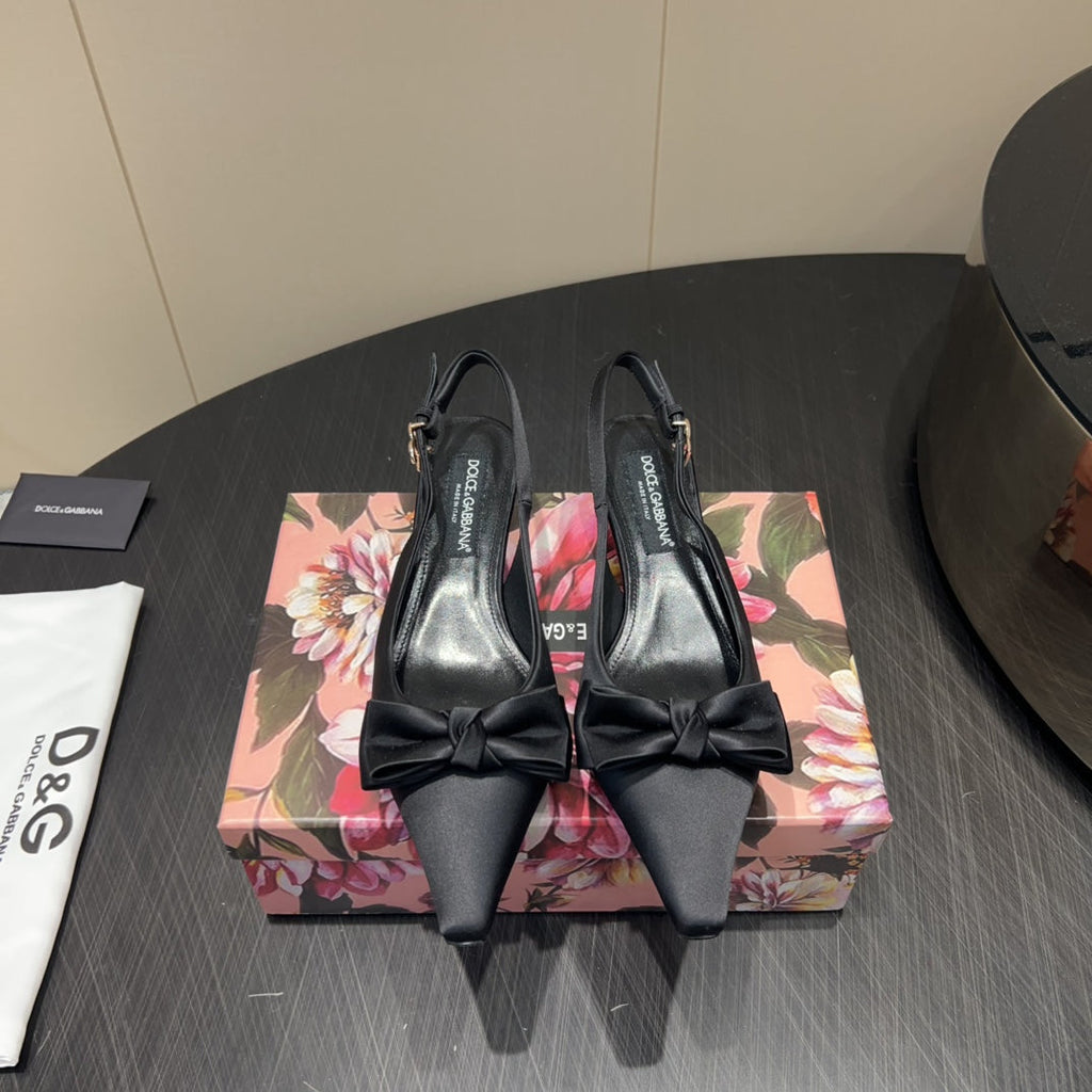 DC 25 Bow Slingback Pumps Black Silk And Sheepskin 381616