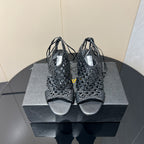 Alaia 25 Round-toe Braided Wedge Sandals 75mm Black Woven Leather 433565