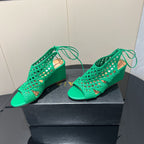 Alaia 25 Round-toe Braided Wedge Sandals 75mm Green Woven Leather 433567