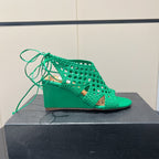 Alaia 25 Round-toe Braided Wedge Sandals 75mm Green Woven Leather 433567