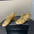 Alaia 25 Round-toe Braided Wedge Sandals 75mm Gold Metallic Woven Leather433569