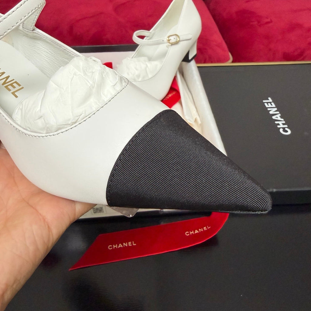 CC 26s Mary Janes Black White Canvas Calfskin 742766