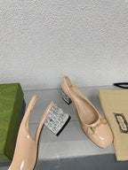 GG WOMEN'S HORSEBIT SLINGBACK IN TAN BEIGE CALFSKIN WITH RHINSTONES