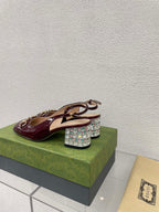 GG WOMEN'S HORSEBIT SLINGBACK IN WINE RED CALFSKIN WITH RHINSTONES
