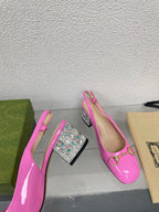 GG WOMEN'S HORSEBIT SLINGBACK IN FUSCIA PINK CALFSKIN WITH RHINSTONES