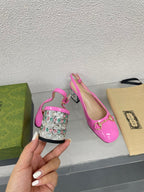 GG WOMEN'S HORSEBIT SLINGBACK IN FUSCIA PINK CALFSKIN WITH RHINSTONES