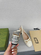 GG WOMEN'S HORSEBIT SLINGBACK IN WHITE CALFSKIN WITH RHINSTONES