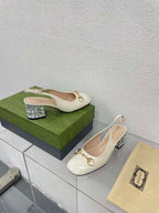 GG WOMEN'S HORSEBIT SLINGBACK IN WHITE CALFSKIN WITH RHINSTONES