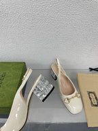 GG WOMEN'S HORSEBIT SLINGBACK IN WHITE CALFSKIN WITH RHINSTONES
