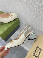 GG WOMEN'S HORSEBIT SLINGBACK IN WHITE CALFSKIN WITH RHINSTONES