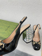GG WOMEN'S HORSEBIT SLINGBACK 95MM IN BLACK CALFSKIN WITH RHINSTONES