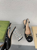 GG WOMEN'S HORSEBIT SLINGBACK 95MM IN BLACK CALFSKIN WITH RHINSTONES