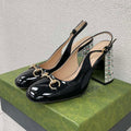GG WOMEN'S HORSEBIT SLINGBACK 95MM IN BLACK CALFSKIN WITH RHINSTONES