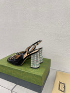 GG WOMEN'S HORSEBIT SLINGBACK 95MM IN BLACK CALFSKIN WITH RHINSTONES