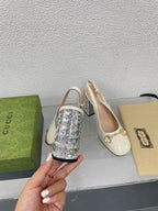 GG WOMEN'S HORSEBIT SLINGBACK 95MM IN WHITE CALFSKIN WITH RHINSTONES