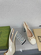 GG WOMEN'S HORSEBIT SLINGBACK 95MM IN WHITE CALFSKIN WITH RHINSTONES