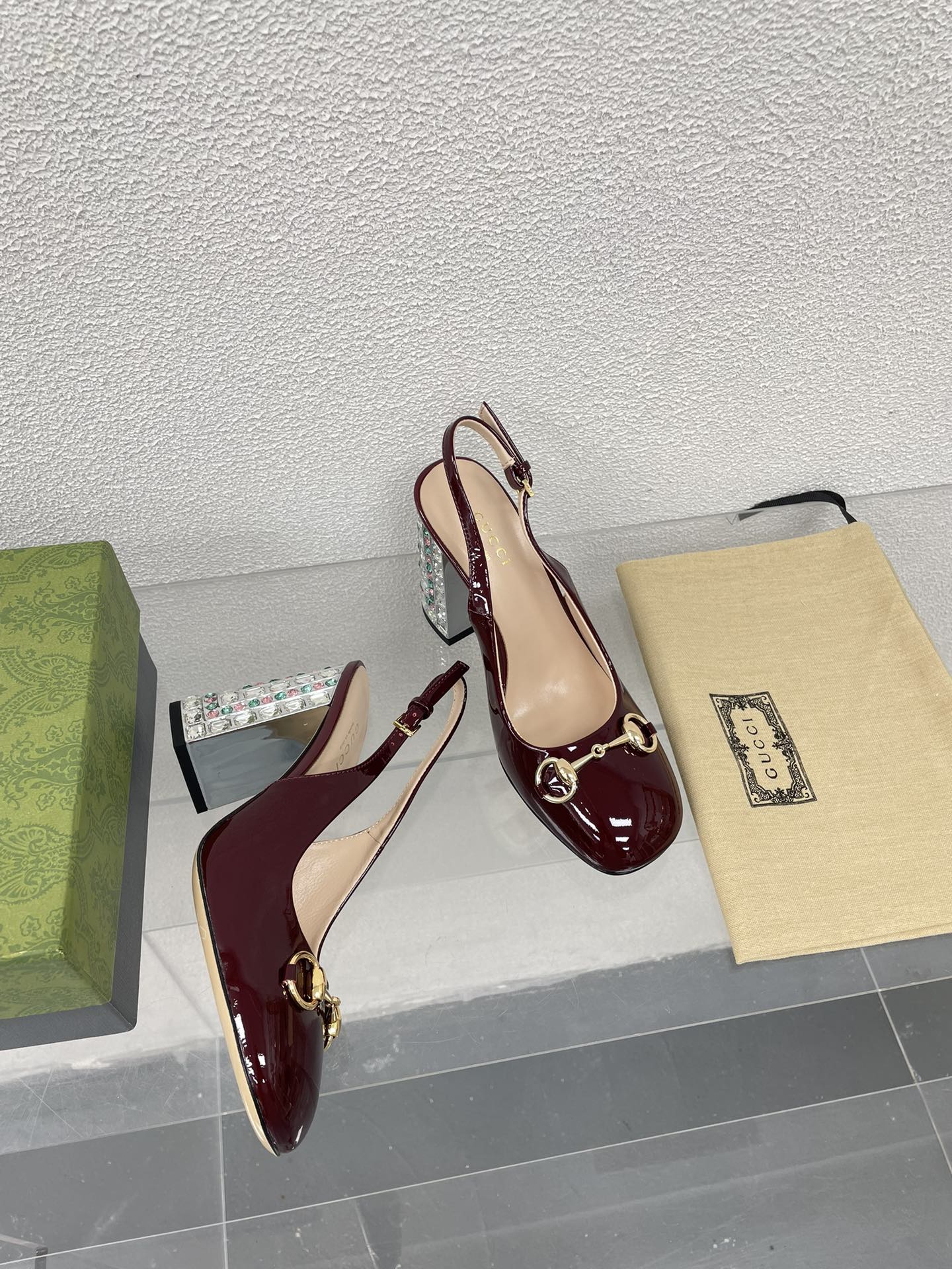 GG WOMEN'S HORSEBIT SLINGBACK 95MM IN WINE RED CALFSKIN WITH RHINSTONES
