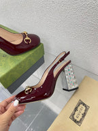 GG WOMEN'S HORSEBIT SLINGBACK 95MM IN WINE RED CALFSKIN WITH RHINSTONES