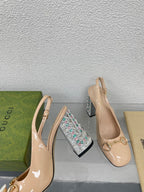 GG WOMEN'S HORSEBIT SLINGBACK 95MM IN TAN BEIGE CALFSKIN WITH RHINSTONES