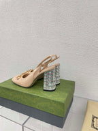 GG WOMEN'S HORSEBIT SLINGBACK 95MM IN TAN BEIGE CALFSKIN WITH RHINSTONES