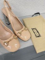 GG WOMEN'S HORSEBIT SLINGBACK 95MM IN TAN BEIGE CALFSKIN WITH RHINSTONES